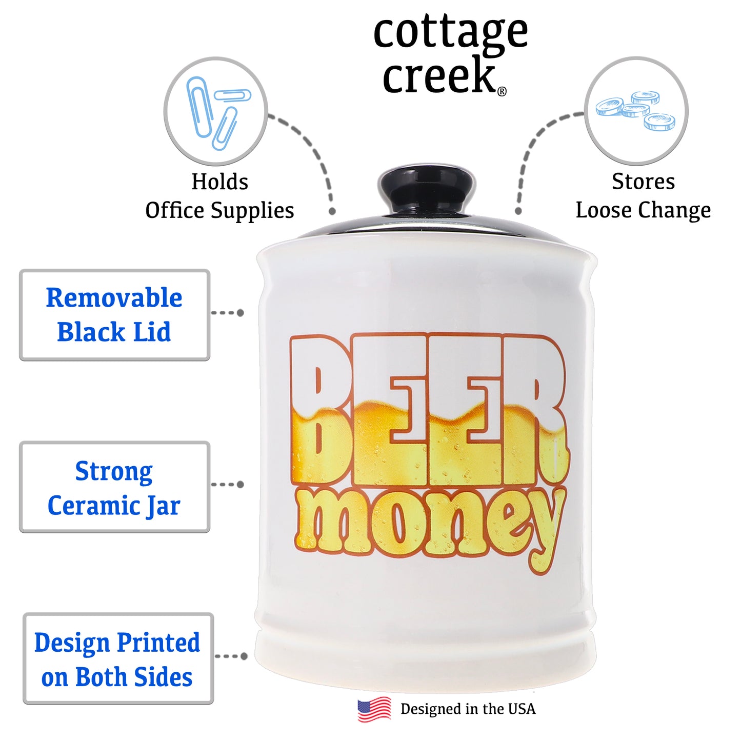 Cottage Creek Beer Money Piggy Bank, Ceramic, 6", Multicolored Beer Fund Candy Jar