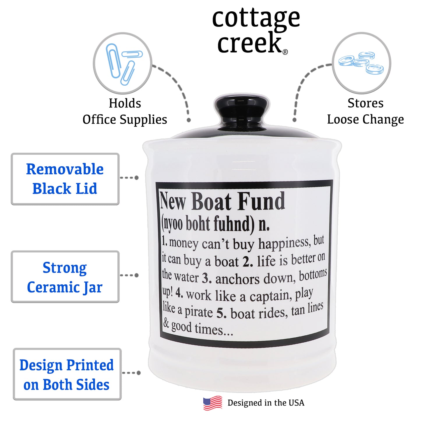 New Boat Fund Piggy Bank, Ceramic, Multicolored, 6" Boat Money Jar