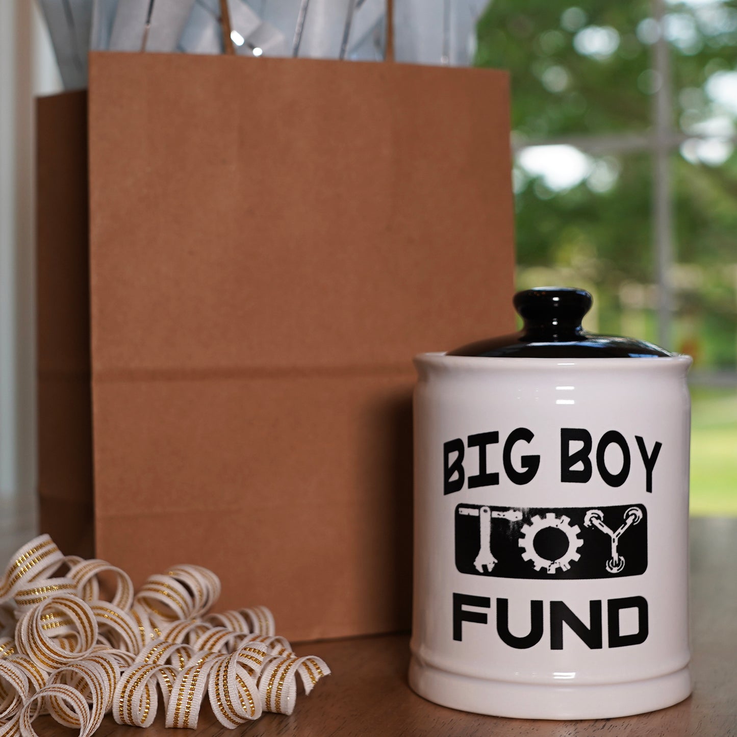 Cottage Creek Big Boy Toy Fund Piggy Bank, Ceramic, 6", Multicolored Candy Jar